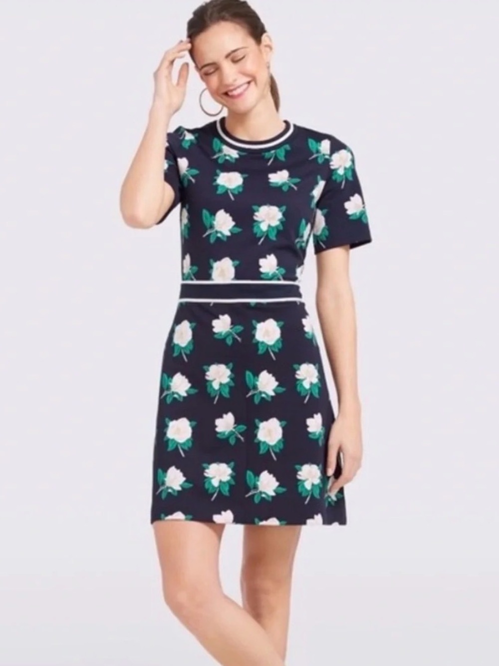 Draper James Navy Floral Asymmetrical Short-Sleeve Dress